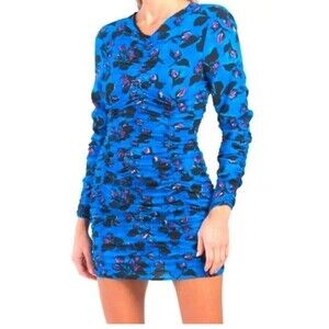 ZARA Mini Dress Womens Large Blue Floral Print Bodycone Long‎ Sleeve NWT